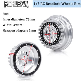 RCHUBAM 1/7 RC Beadlock Wheels Rim 4PCS RC Rock Crawler Beadlock Wheels Compcatible with 1/7 UDR Unlimited Desert Racer RC Rock Crawler Buggy Truck Car Upgrades (Silver&Black)