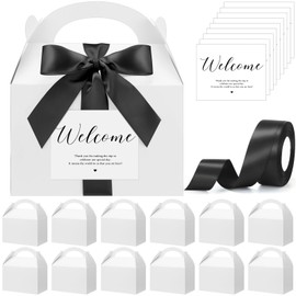 Maitys 24 Set Large Gable Boxes with Handles Ribbon Label for Party Favors 9x6x6 Inch White Welcome Treat Box for Wedding Hotel Guests Gift Packing(Black)