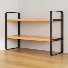 Hbluefat Desktop Organizer Shelf, 2-Tier Multipurpose Wood Office Desk Storage Rack,Small Computer Desk Bookshelf, Cubicle Decor Aesthetic Bookcase for Home Office (Wood+Black)