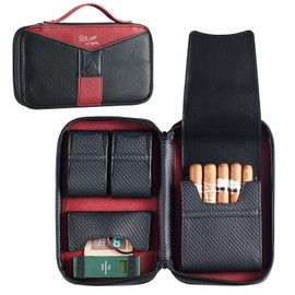 68 Degrees Leather Cigar Case for 5 Cigars – Red Travel Humidor with 3 Accessory Pockets, Full Grain Hard Shell Organizer, YKK Zipper, Cigar Pouch for Men