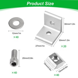 Aluminium Profile Angle Connector Set, Mounting Material 30 x 30 Nut 8, with Screw, Steel Angle Aluminium Profile Angle Connector for Attaching Aluminium Profiles (30 x 30) Pack of 20