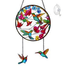 Stained Glass Suncatcher for Window, Marzovitra 8 inch Hummingbird Sun Catcher Hanging with Flowers & 2 Dangling Charms Real Glass Window Decor, Garden Hanging Art Gift for Women, Mom, Nature Lovers