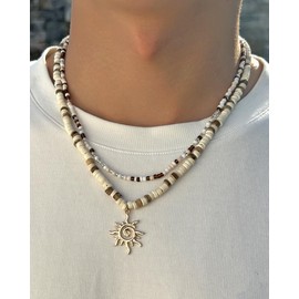 CLOORDE Layered Puka Shell Necklaces for Men Trendy Pooka Shell Beads Necklaces Wooden Beaded Coconut Seashell Choker Summer Beach Surfer Jewelry Accessories