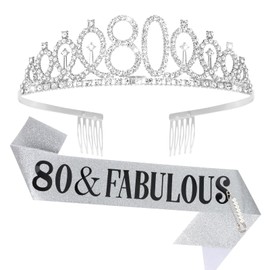 Semato 80th Birthday Decorations for Women Silver 80th Birthday Crown and Sash Gifts for Women Party Supplies and Favors