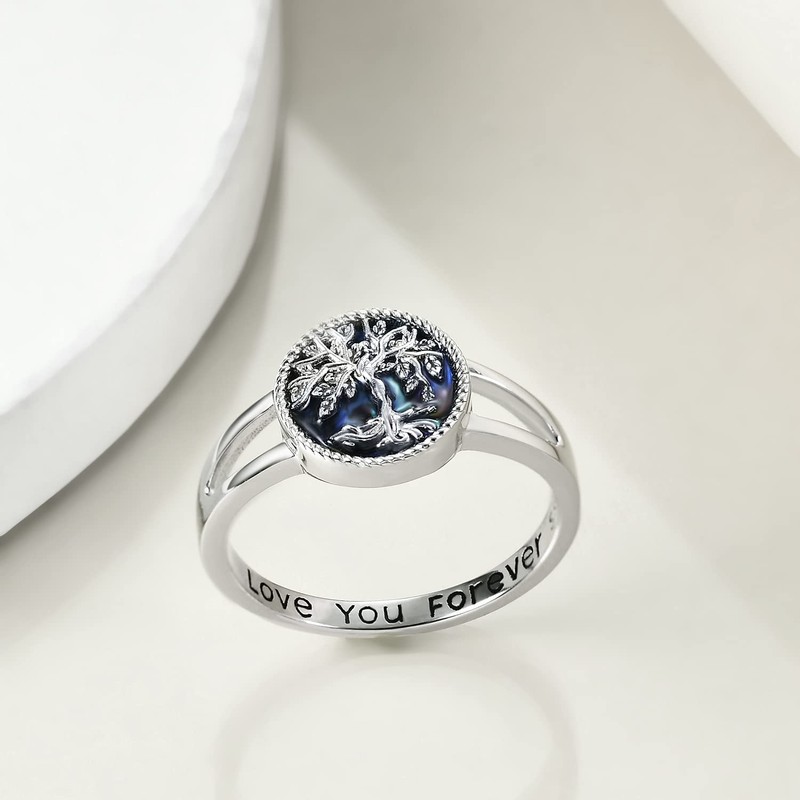 YAFEINI Tree of Life Rings 925 Sterling Silver Abalone Shell