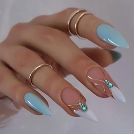 FIEONCIY Press on Nails Almond Shape-Glossy Full Cover Acrylic Blue False Nails with Rhinestone Designs Artificial Medium Almond Pointed Fake Nails Glue ons Nails Stick on Fingernails for Women