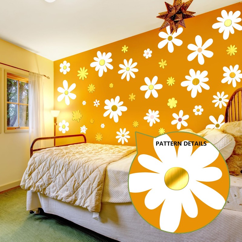 Boho Daisy Floral Wall Decals 9 Sheets White Gold Flower