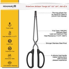 HINMAY 10" 12" 16" Stainless Steel Kitchen Tongs Set, Non-Slip Comfortable Grip Scissor Tongs for Cooking, Grilling & Serving, Set of 3