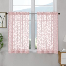 OWENIE Leyna - Cortinas translúcidas de 36 pulgadas de largo, color rosa rubor, niveles de 2 piezas, cortina de ventana de cocina corta con textura ja