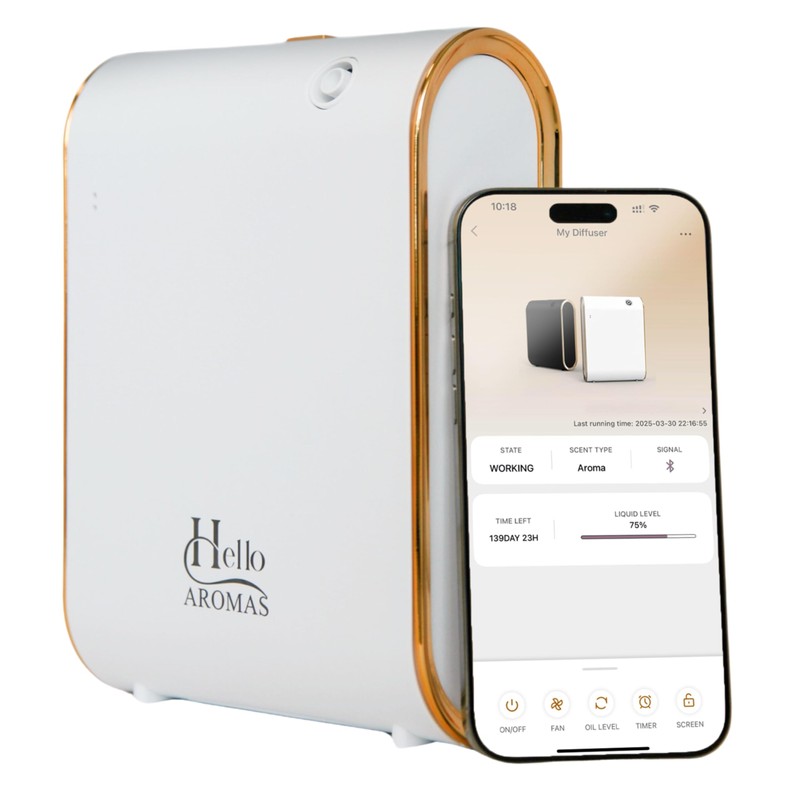 Hello Aromas Essential Oil Diffuser, Bluetooth Control, Black with Gold