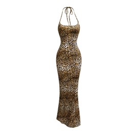 Floerns Women's Leopard Print Sleeveless Halter Dress Club Bodycon Maxi Dresses Brown Large