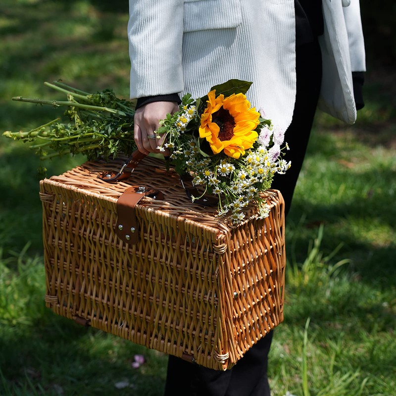 Wicker Picnic Basket for 2, Handmade Willow Hamper Basket Sets