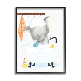 Stupell Industries Children's Baby Elephant Bubble Bath Rubber Duck Bathroom Black Framed Wall Art, White