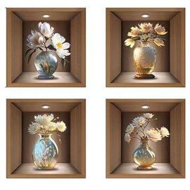 3D Vase Wall Stickers 4Pcs Flower Wall Decals Morden Art Magic Pictures Self Adhesive Wall Art Decor for Aisle Entrance Bedroom Living Room Sofa Backdrop Yoga Room Wall Decor
