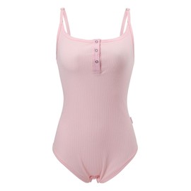 CutiePlusU Cotton Button Crotch Adult Sling Onesie Bodysuit V-Neck Button, pink