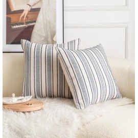 Cethom Decorative Boho Throw Pillow Covers, Farmhouse Textured Pillow Case, 18 x 18 Inch Set of 2, Chair Sofa Bedroom Living Room Decor Couch Cushion Case, Navy Blue and Beige Striped