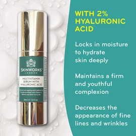 SkinWorks® Multivitamin anti aging serum + Hyaluronic Acid, Vitamin C, AHA’s and Retinol. Natural & vegan beauty formula to help prevent wrinkles, brighten skin and boost skin health.30ml