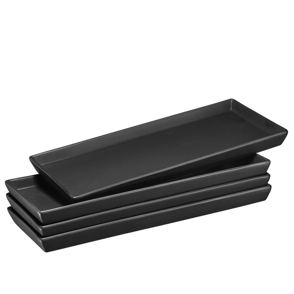 Bruntmor Matte Black Ceramic Serving Platters (14 X 6 Inch Rectangle Plates) Serving Dishes for Entertainment, Food Appetizers, Deserts, Starter, Charcuterie, Sushi Set of Party Tray - Set of 4