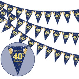 Navy and Gold 40th Birthday Decorations - 3 Pack Navy Blue and Gold 40th Birthday Bunting, 36Pcs Happy 40th Birthday Triangle Flag Banners, 40 Year Old Birthday Party Decorations for Men Women
