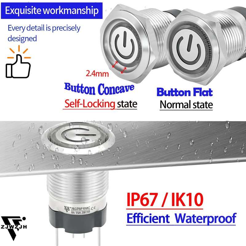 UL Listed (15Amp) 16mm 5/8'' Latching Push Button Switch Blue