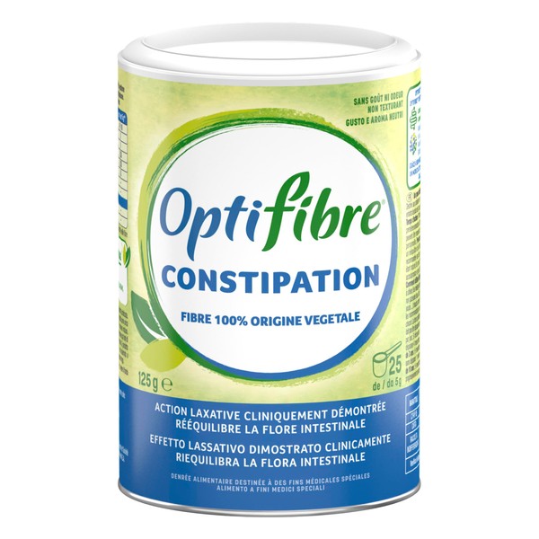 OptiFibre® Constipation : Laxatif d’Origine Végétale, Favorise le Transit, Rééquilibre le Microbiote, Poudre Prébiotique – 25 doses – Boîte de 125g