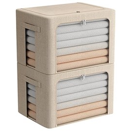 Extra Large Clothes Storage Bins - Foldable Metal Frame Storage Box - Stackable Linen Fabric Box Organizer Set with Carrying Handles and Clear Window -100L(Beige, 23.6X 16.5X 15.7 Inch)
