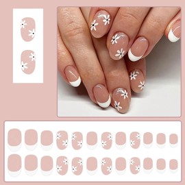 French Tip Press on Nails Spring Fake Nails Short Almond Acrylic Nails Flower Stick on Nails Glossy Shiny Glue on Nails Nude False Nails Cute Artificial Nails Reusable Nails Kit for Women Girls 24Pcs