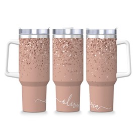 PTONUIC Blush Pink Rose Gold Glitter 40 oz Tumbler with Handle and Straw Lid | Insulated Cup Reusable Stainless Steel Water Bottle Travel Mug Cupholder Friendly | Gifts for Women Men Him Her