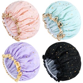 Lawie 4 PACK Large Waterproof Satin Shower Caps Adjustable Bath Hair Caps Silky Fabric Lined Bathing Hair Cover Wraps Bonnets Hair Protector for Women Girls (Star Colors)