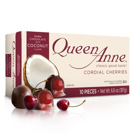 Queen Anne Dark Chocolate Coconut Covered Cordial Cherries | 6.6 oz | 10 Piece Gift Box | Whole Maraschino Cherry Creamy Filled Liquid Center | Holiday Party Chocolate Candy