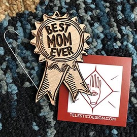 Best Mom Ever Award Ribbon Ornament | Cute Mother's Day Gifts for Mom Wood Rear View Mirror Hanging Holiday Decoration