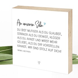 Wunderpixel® Holzbild Du bist mutig - Geschenk-Idee von Eltern für Sohn - persönliche Worte - Aufsteller & Wand-Deko zum Auszug, 18. Geburtstag, Abitur, Studium – 15x15x2cm - personalisierbar