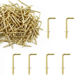 AUXBC 150PCS Mini Right Angle Screw Hook - 3/4 Inch Brass Plated L Hook, Square Bend, Gold Mini Shoulder Self-Tapping Screws