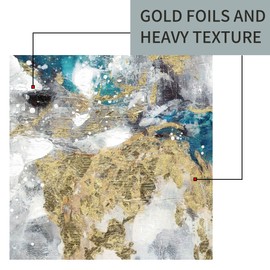 Bedroom Abstract Canvas Wall Art: Navy Blue Modern Accent Painting Prints Teal Minimalist Textured Picture Glitter Gold Foil Hand Painted Contemporary Artwork for Living Room