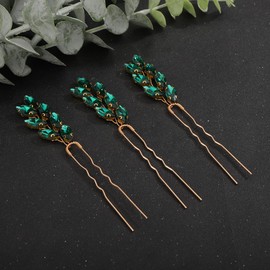 Teyglen 3pcs Crystal Bridal Hair Pins Rhinestone Hair Pieces Bride Wedding Hair Accessories Vintage Blue Red Green Rhinestone Hair Pins for Women Girls Party Prom (Peacock green)