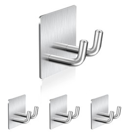 TONHTCAT Adhesive Hooks, Stick on Stainless Steel Towel Robe Razor Wall Hooks for Bathroom Kitchen, Sticky Heavy Duty Durable Shower Hangers for Hanging Hat Coat Key Short-Silver(4pcs)