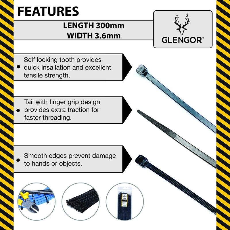 Glengor Black Cable Ties - Pack of 100 | 300