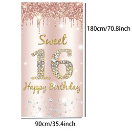 Tecreo Happy 16th Birthday Door Banner Backdrop Decorations for Girls,Pink Rose Gold 16th Birthday Party Door Cover Sign Supplies,Sixteen Years Old Birthday Poster Background Photo Booth Props Decor