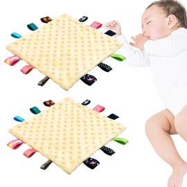 Baby Tagged Towel Drool Wiper 25CMx25CM Square Small Blanket with Colorful Tags for Baby Healing Sensory Awareness for 3 Months and Up for Boys and Girls (Yellow)