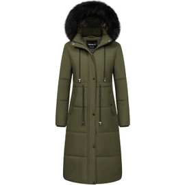 CREATMO US Womens Knee Length Parka Winter Coats Women's Long Down Alternative Thicken Fleece Lined Warm Puffer Jacket with Hood Army Green M