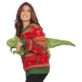 Costume Agent 3D T-Rex Red and Green Adult Ugly Christmas Sweater (X-Small)