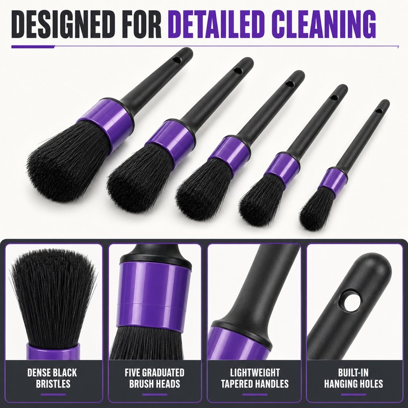 Car Detailing Brush Set, 5-Pack Purple Detail Brushes for Interior
