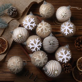 Simgoing 12 Pcs Christmas Ball Ornaments Neutral Farmhouse Christmas Tree Decoration Snowflake Boho Jute Rope Balls 2.36 Inch Burlap Rustic Ornaments for Holiday Xmas Tree Wreath Garland Wedding Home