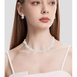 chaoyite Elegant Leaf Flower Cluster Choker Necklace Earrings Bracelet Set for Bride Bridesmaids Bridal Wedding Jewelry Set Prom Formal Costume Accessories (white crystal-silver tone)