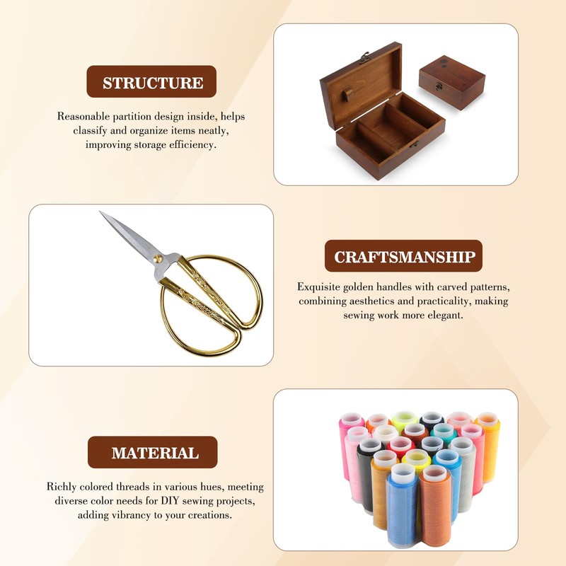 Winmist Glimpse Sewing Kit Wooden Sewing Box with Accessories Retro