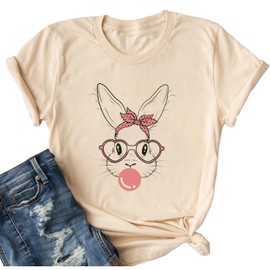 Yimoya Happy Easter Shirt Cute Easter Tees Leopard Bunny Rabbit Graphic Tees (L, B-Cream)