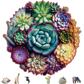 Delobil Wooden Jigsaw Puzzles - Mandala Succulent Plants, 100 Piece Luxurious Shaped Wooden Puzzles for Adults and Kids, Family Game, 7.7'' x 7.4''