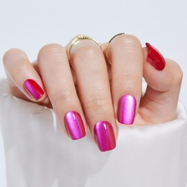 Press On Nails Short Square - Findigit Berry Red Cat Eye, False Nails, Natural Fit Reusable Stick On Fake Nails with Glue | Salon Quality | 16 Sizes - 32 Nails