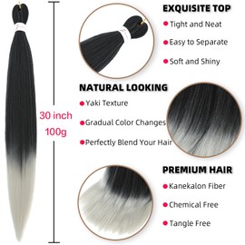 Xusuperb Long Pre Stretched Braiding Hair Ombre Silver Grey 30 Inch Easy Braids Extensions Black Grey Synthetic Hair for Braiding 6 Packs Soft Knotless Yaki Texture Braids Hair Extensions (T1B/Grey #)