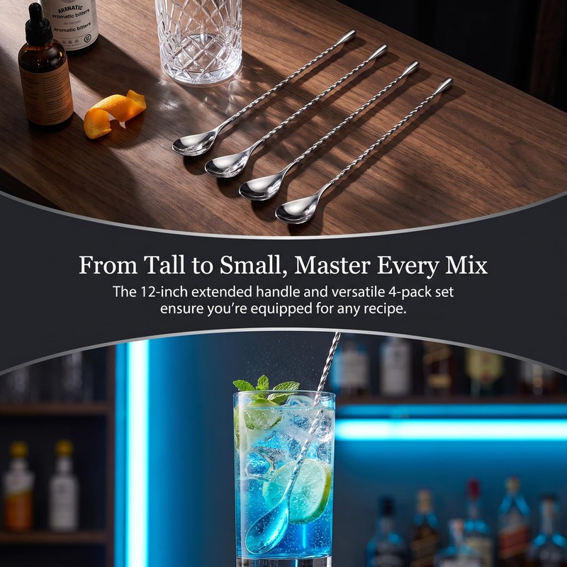 4 Pcs Cocktail Stirrers, 12 Inch Stainless Steel Bar Mixing